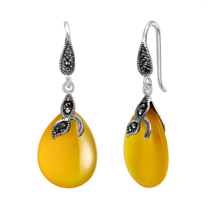 EVER FAITH 925 Sterling Silver Yellow Chalcedony Crystal Retro Black Leaf Teardrop Hook Earrings - Image 1